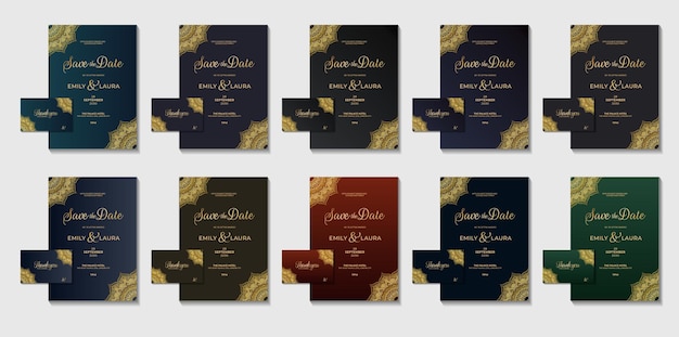 Gouden geometrische luxe bruiloft uitnodigingskaart ontwerp met set collectie met kleurvariaties flyer kaart vector sjabloon