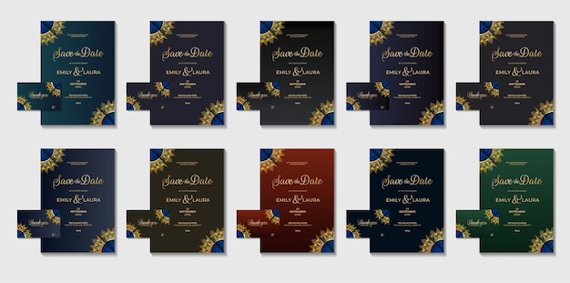 Gouden geometrische luxe koninklijke bruiloft uitnodigingskaart ontwerp met set collectie met kleurvariaties flyer kaart vector sjabloon