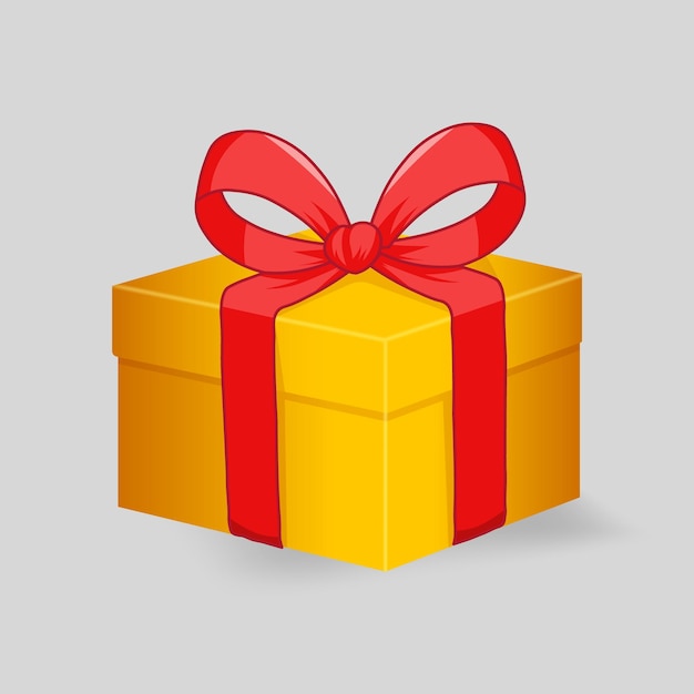 Gouden geschenkdoos met een rood lint aan de bovenkant op witte achtergrond
