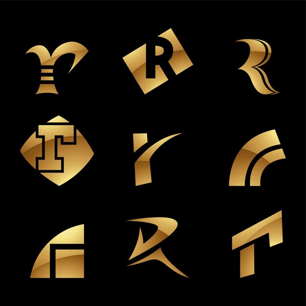 Vector gouden glanzende letter r pictogrammen op een zwarte achtergrond