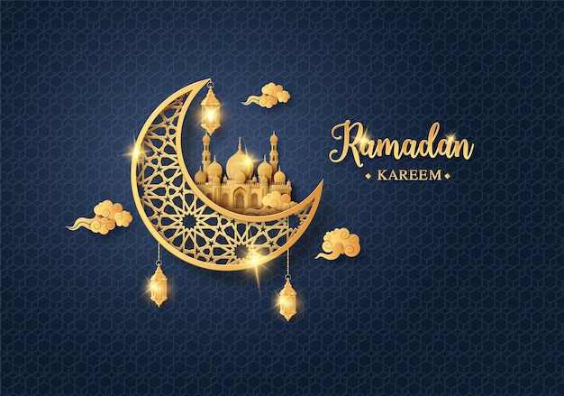 Vector gouden glanzende maan met hangende lantaarn en moskee, ramadan kareem-wenskaart, papier gesneden