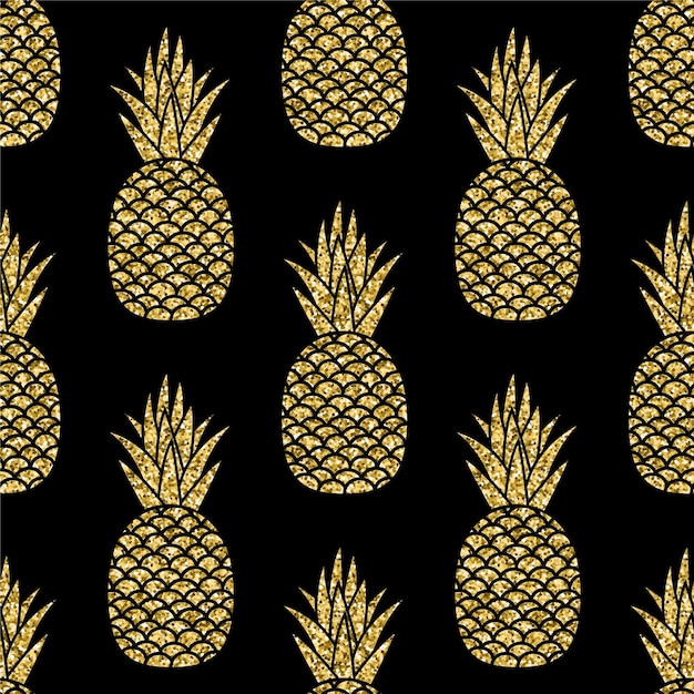 Gouden glitter ananas gelast patroon. Tropische gouden exotische vruchten op zwarte achtergrond. Vectorillustratie voor zomer of organisch ontwerp