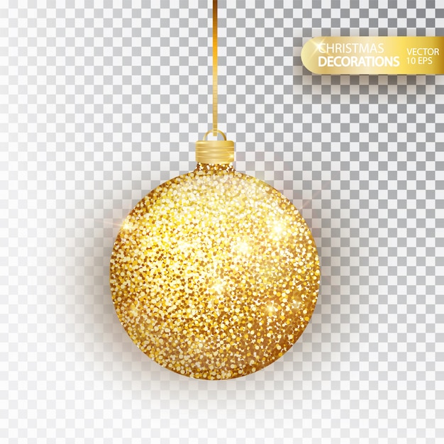 Vector gouden glitter kerstbal gouden glitter geïsoleerd op wit. sprankelende glitter textuur bal, vakantie decoratie. kous kerstversiering. gouden hangende kerstbal.