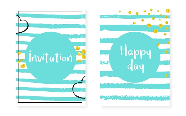 Gouden glitter pailletten met stippen. bruiloft en vrijgezellenfeest uitnodigingskaarten set met confetti. verticale turquoise strepen achtergrond. creatieve gouden glitter pailletten voor feest, evenement, save the date flyer