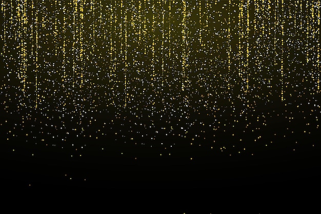 Gouden glitterslingers die verticale lijnen hangen. Vallende confetti lichten geïsoleerd op zwarte achtergrond. Luxe gloeiende textuur. Stof, bokeh, glitters, sterren. Vector vakantie achtergrond.