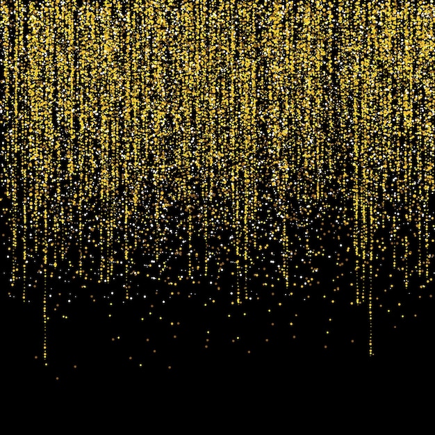 Gouden glitterslingers die verticale lijnen hangen. Vallende confetti lichten geïsoleerd op zwarte achtergrond. Luxe gloeiende textuur. Stof, bokeh, glitters, sterren. Vector vakantie achtergrond.