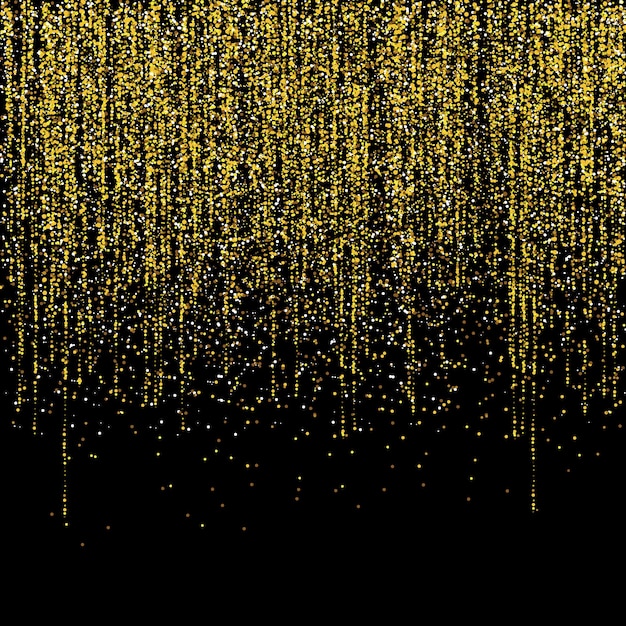 Gouden glitterslingers die verticale lijnen hangen. vallende confetti lichten geïsoleerd op zwarte achtergrond. luxe gloeiende textuur. stof, bokeh, glitters, sterren. vector vakantie achtergrond.