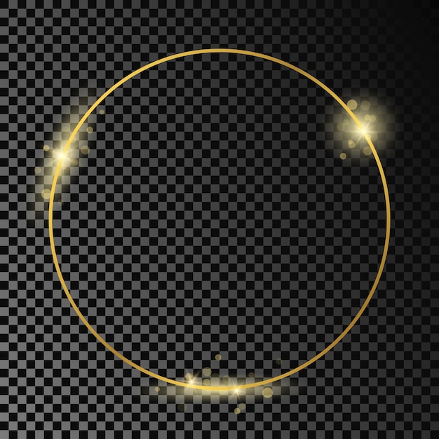 Gouden gloeiende cirkelframe geïsoleerd op donkere transparante achtergrond. glanzend frame met gloeiende effecten. vector illustratie.