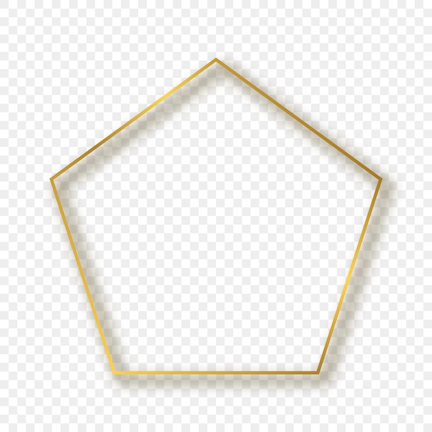 Gouden gloeiende pentagon vorm frame met schaduw geïsoleerd op transparante achtergrond. Glanzend frame met gloeiende effecten. Vector illustratie.