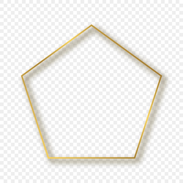 Gouden gloeiende pentagon vorm frame met schaduw geïsoleerd op transparante achtergrond. glanzend frame met gloeiende effecten. vector illustratie.