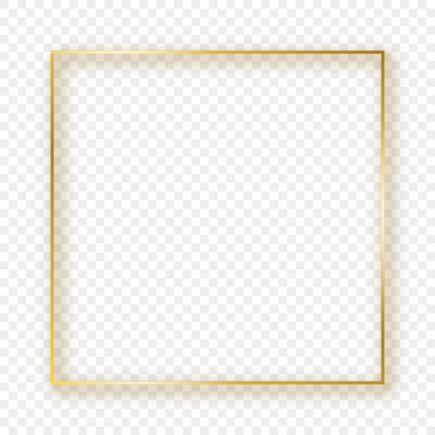 Gouden gloeiende vierkante frame met schaduw geïsoleerd op transparante achtergrond. Glanzend frame met gloeiende effecten. Vector illustratie.