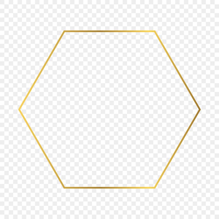 Gouden gloeiende zeshoek frame geïsoleerd op transparante achtergrond. Glanzend frame met gloeiende effecten. Vector illustratie.