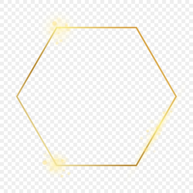Gouden gloeiende zeshoek frame geïsoleerd op transparante achtergrond. glanzend frame met gloeiende effecten. vector illustratie.