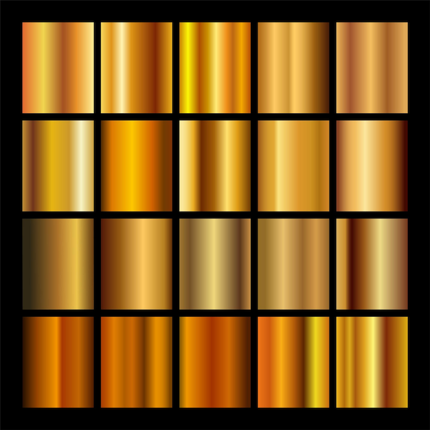 Gouden gradiënt ingesteld achtergrond vector pictogram textuur metalen illustratie voor frame lint banner munt en label