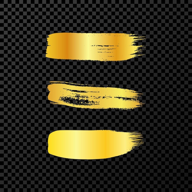 Gouden grunge penseelstreken Set van drie geschilderde inktstrepen Inktvlek geïsoleerd op donkere transparante achtergrond Vectorillustratie
