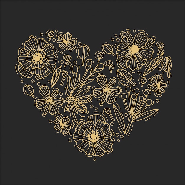 Gouden hand tekenen bloemen en bladeren hartvorm. Gegraveerde stijlbloemen. Valentines kaart. illustratie.