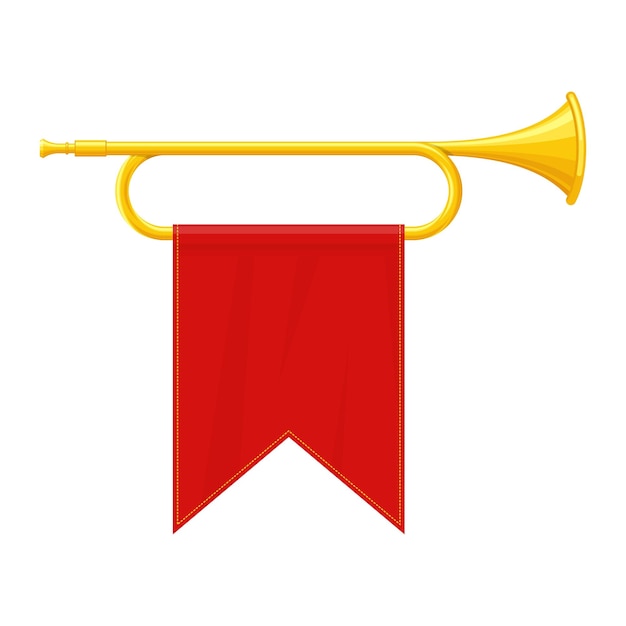 Gouden hoorn trompet muziekinstrument geïsoleerd op witte achtergrond Koninklijke fanfare met triomfantelijke vlag voor muziek afspelen Vectorillustratie