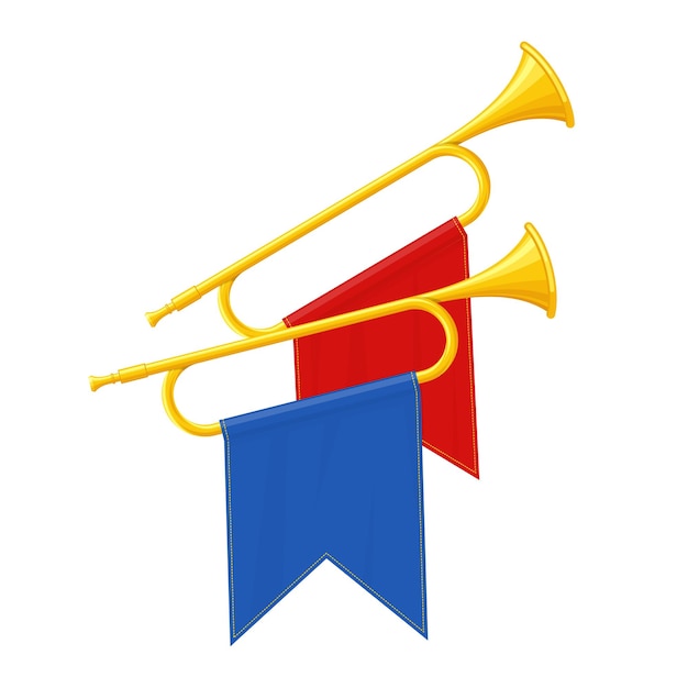 Gouden hoorn trompetten muziekinstrumenten geïsoleerd op witte achtergrond Koninklijke fanfare met triomfantelijke vlag voor muziek afspelen Vectorillustratie