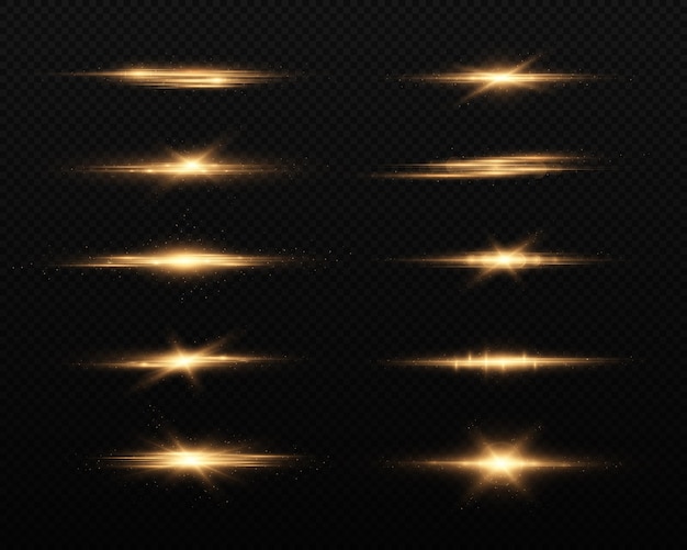 Gouden horizontale lensflares pack laserstralen lichtflare lichtgevende abstracte sprankelende lijnen