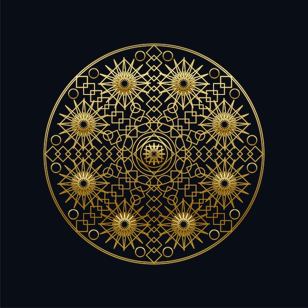 Gouden inkt geometrische mandala lineaire vectorillustratie. etnisch oosters symbool geïsoleerd op zwart