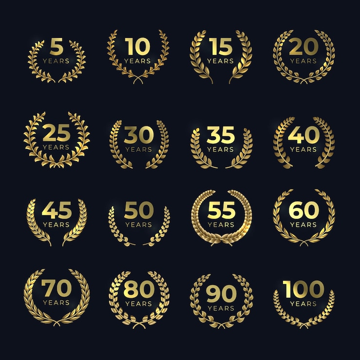 Vector gouden jubileum lauwerkransen. verjaardag gouden symboolset met lauweren bladvormen. vector embleem