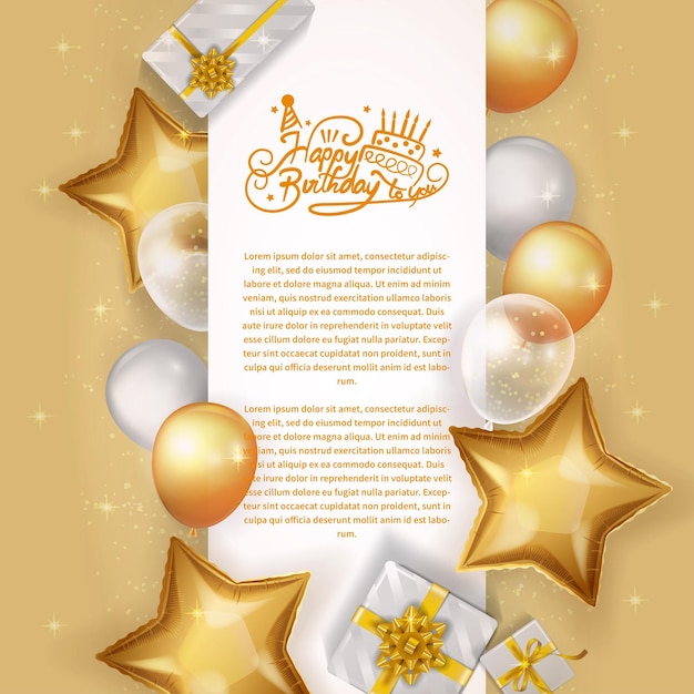 Gouden kaart met sterballonnen en geschenken