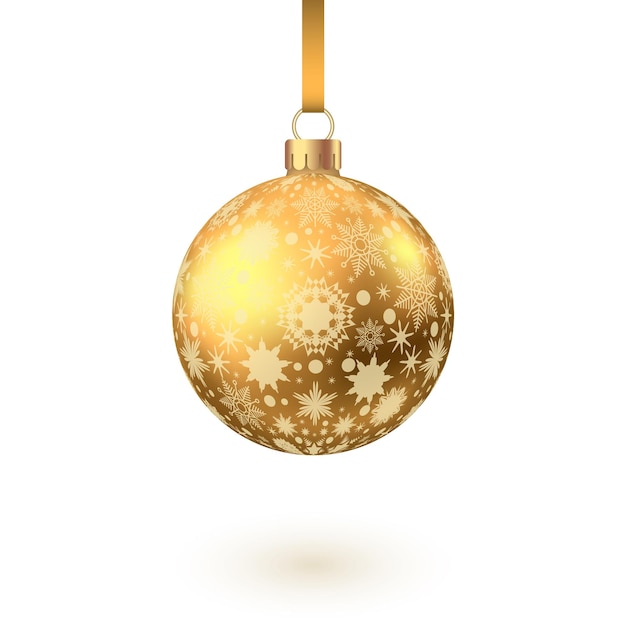 Vector gouden kerst bal met patroon geïsoleerd op een witte achtergrond. kerstboom decoratie. vector gouden snuisterij.