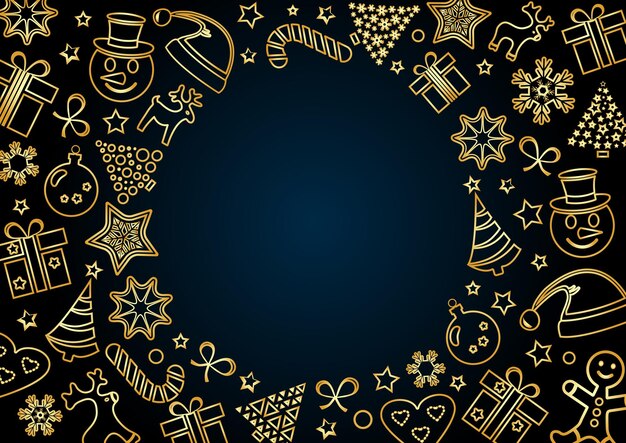 Gouden kerstframe op donkerblauwe achtergrond, ruimte voor uw tekst. overzicht ontwerp. vector illustratie