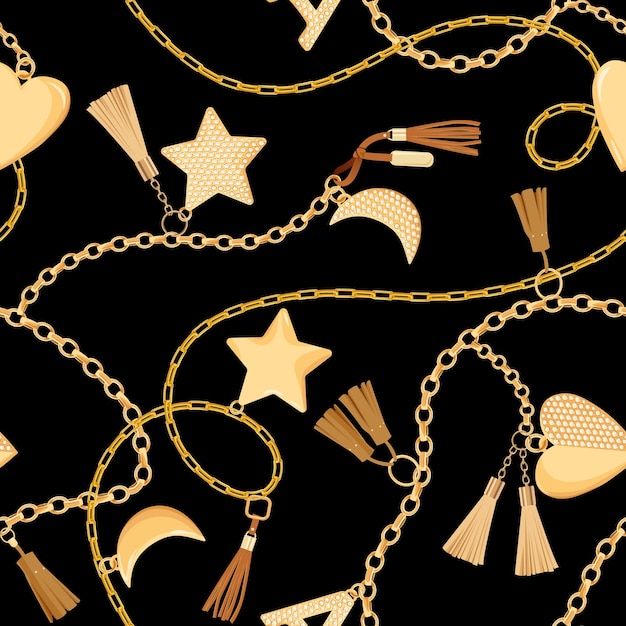 Gouden kettingen en Charms met diamanten naadloze patroon. Mode stof achtergrond met goud, edelstenen en sieraden elementen voor Wallpapers, Print. vector illustratie