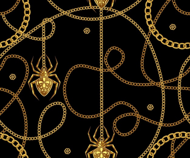 Gouden kettingen en kruisspin Vector naadloos patroon Textuurhalsbanden op een zwarte achtergrond