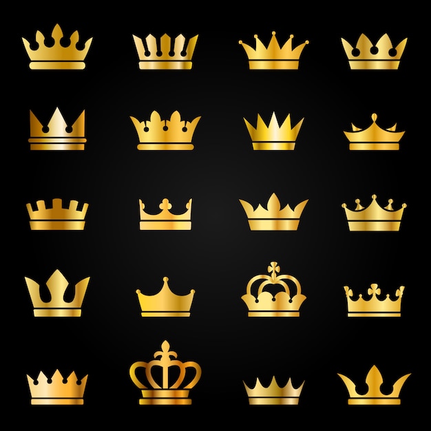 Gouden kroon pictogrammen. Koningin koning kroont luxe koninklijk op bord, bekroonde tiara heraldische winnaar award juweel set