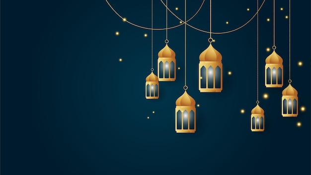 Gouden lantaarn arabisch donkerblauw islamitische ontwerp achtergrond universele ramadan kareem banner achtergrond met lantaarn maan islamitische patroon moskee en abstracte luxe islamitische elementen