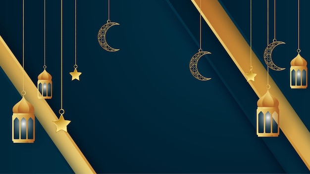 Gouden lantaarn arabisch donkerblauw islamitische ontwerp achtergrond universele ramadan kareem banner achtergrond met lantaarn maan islamitische patroon moskee en abstracte luxe islamitische elementen