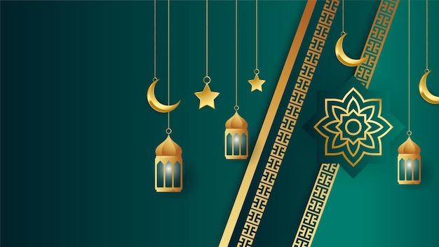 Gouden lantaarn Arabische groene islamitische ontwerp achtergrond Universele ramadan kareem banner achtergrond met lantaarn maan islamitische patroon moskee en abstracte luxe islamitische elementen