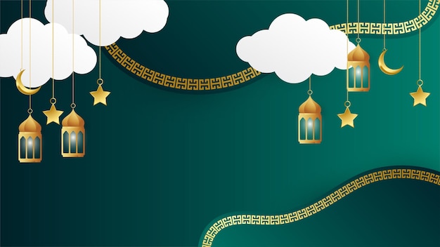 Gouden lantaarn arabische groene islamitische ontwerp achtergrond universele ramadan kareem banner achtergrond met lantaarn maan islamitische patroon moskee en abstracte luxe islamitische elementen