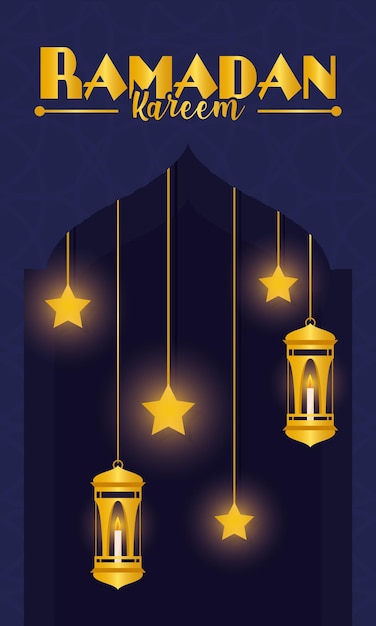 Gouden lantaarns en stervormen op het Arabische moskeevenster Ramadan kareem Vectorillustratie