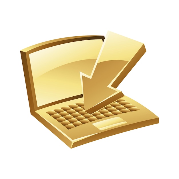 Gouden laptop en downloadpictogram op een witte achtergrond