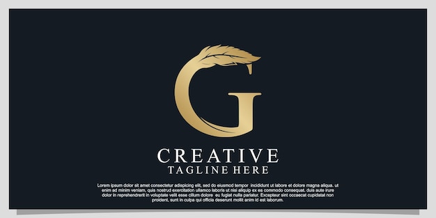 Gouden letter G met uniek logo-ontwerp met verencombinatie Premium Vector