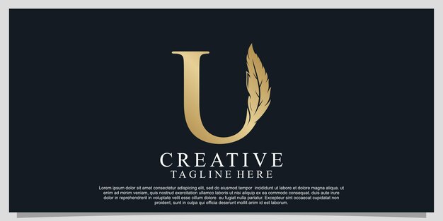 Gouden letter u met uniek logo-ontwerp met verencombinatie premium vector