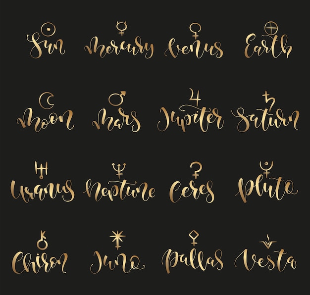 Gouden letters en icoon van planeet in astrologie Vectorillustratie