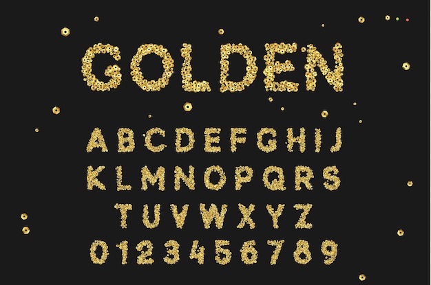 Gouden lettertypeset met letters van gouden pailletten.