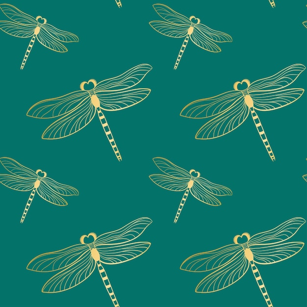 Gouden libellen op smaragdgroen naadloos patroon als achtergrond