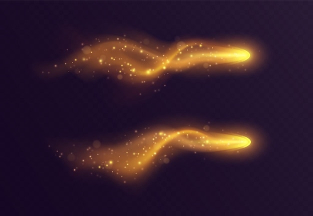 Gouden lichtspoor magisch sterrenstof met waas en fonkelt realistische vuurbal