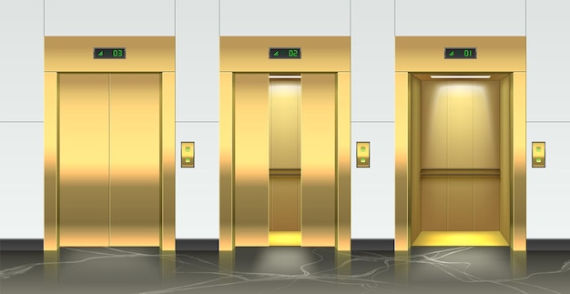 Gouden liften toegangsdeuren realistisch openen en sluiten hotelliften marmeren vloer luxe lobby gang metalen deuropeningen 3d gang interieur vector metalen licht cabinepoorten ingesteld