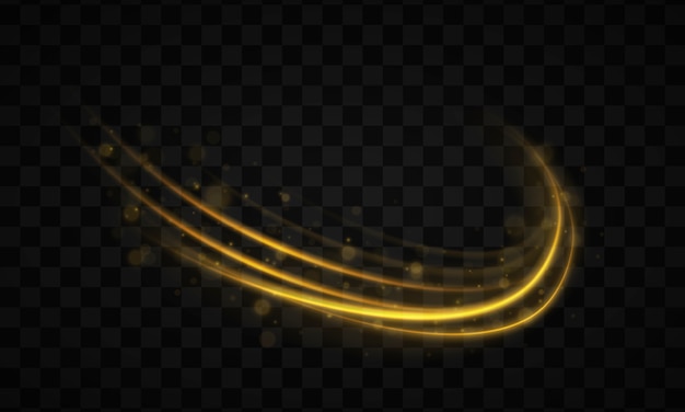 Gouden lijn met lichteffect. Dynamische gouden golven met kleine onderdelen op transparante achtergrond. Geel stof. Bokeh-effect. Stof van gele vonken, sterren schijnen met speciaal licht. illustratie.