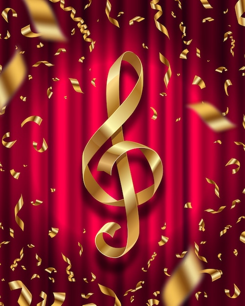 Gouden lint in de vorm van treble clef en gouden folie confetti op een rood gordijn achtergrond - afbeelding.