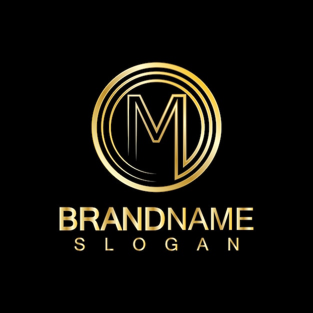 Gouden Luxe Letter M Logo Vector Ontwerp Geïsoleerd Op Blauwe Achtergrond