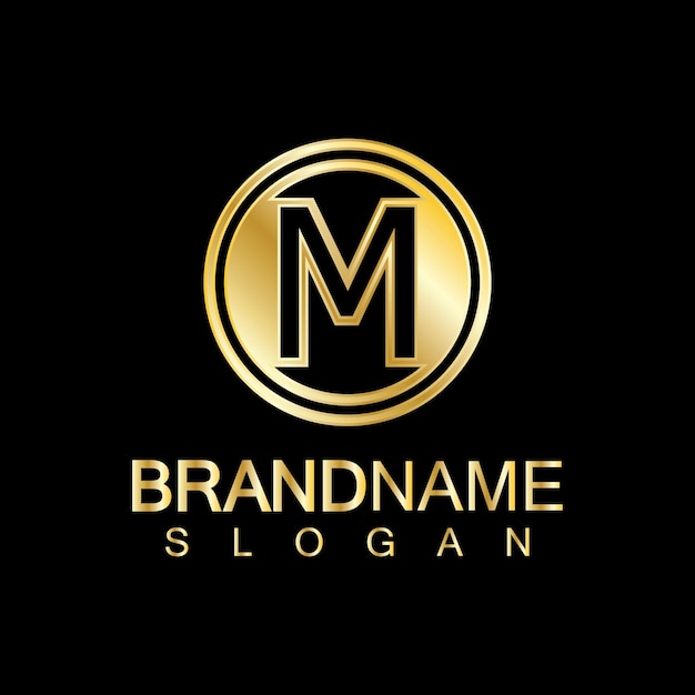 Gouden Luxe Letter M Logo Vector Ontwerp Geïsoleerd Op Blauwe Achtergrond