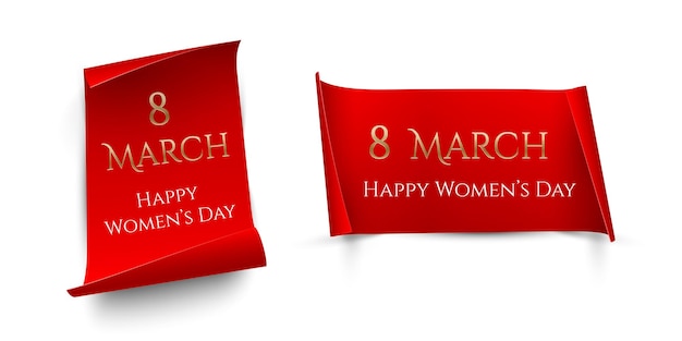 Gouden maart-tekst op verticale en horizontale rode papieren met gebogen randen geïsoleerd op een witte achtergrond, internationale vrouwendag ontwerpsjablonen.