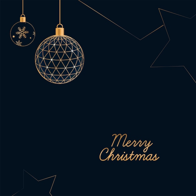 Gouden merry christmas-lettertype met discobal, snuisterijhang en lijnkunststerren op blauwe achtergrond.